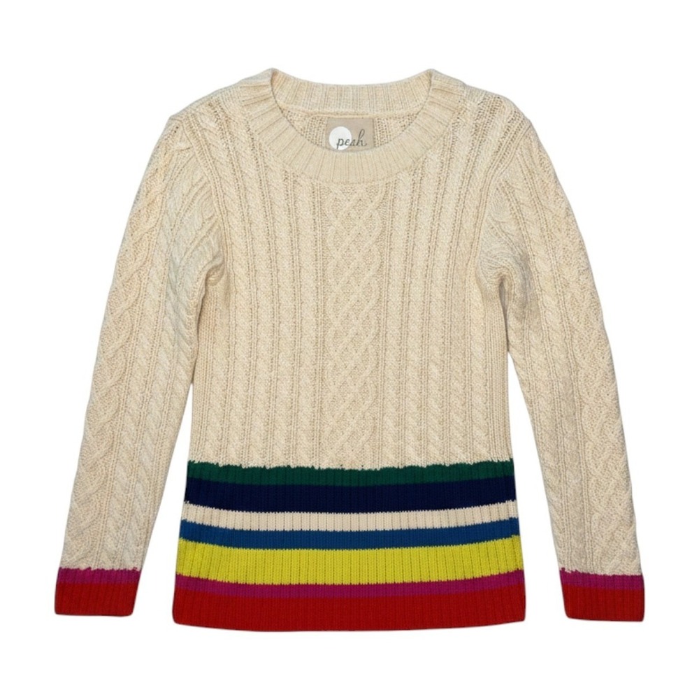 Peek Kids Girls XL 10 Ivory Cable Knit Rainbow Stripe Cotton Sweater GS253-0002